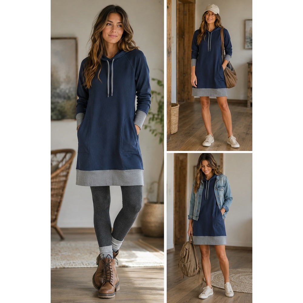 Toad&Co Granola Girl Organic Cotton Hoodie Dress Small Navy Blue Outdoor Casual